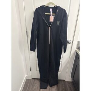 Savage X Fenty Womens Hooded Jumpsuit Onesie Oversized Black Zip size 4-6 NWT
